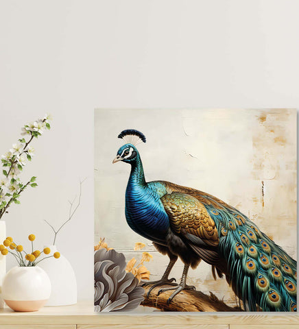 Display of Feathers: A Canvas Painting of a Majestic Peacock