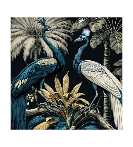 Two Peacocks in a Dazzling Display of Feathers on a Tree Bough Canvas Wall Art