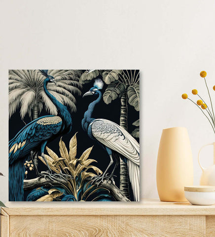 Two Peacocks in a Dazzling Display of Feathers on a Tree Bough Canvas Wall Art