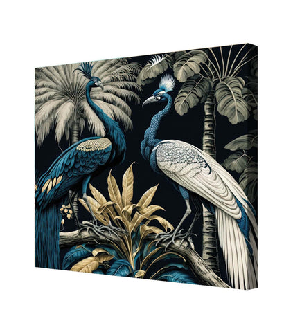 Two Peacocks in a Dazzling Display of Feathers on a Tree Bough Canvas Wall Art