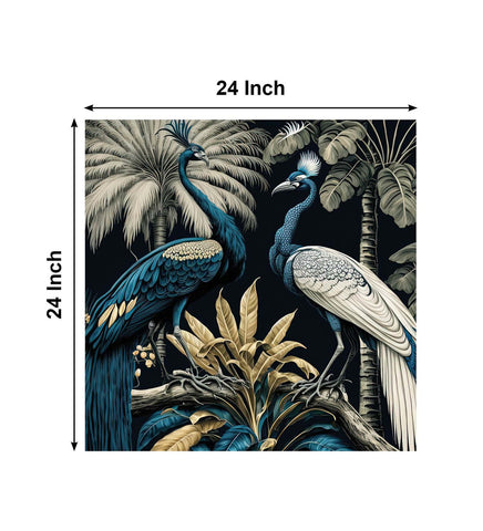 Two Peacocks in a Dazzling Display of Feathers on a Tree Bough Canvas Wall Art