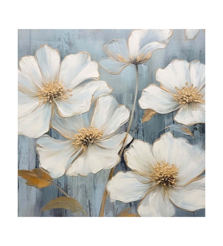 A Stunning Canvas Painting Featuring Delicate White Flowers on a Vibrant Blue Canvas