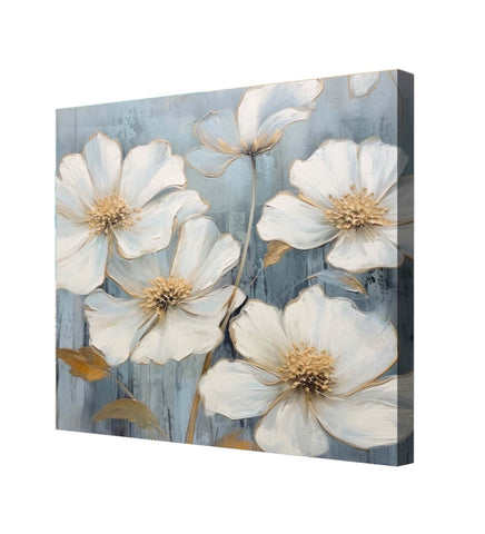 A Stunning Canvas Painting Featuring Delicate White Flowers on a Vibrant Blue Canvas