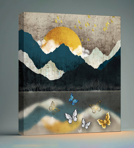 A Mountain Landscape Painting Depicting a Place of Tranquility Where Towering Peaks Meet a Still Lake, With Butterflies