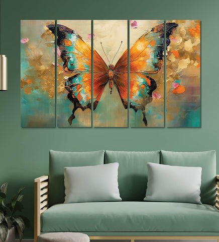 Butterfly Large Canvas Painting for Wall Decoration Picture Split Panels Art Decor Set of 5 Canvas Paintings in Living Room Bedroom Hotel Office, Size 16 x 9.6 inches, 5 Frames