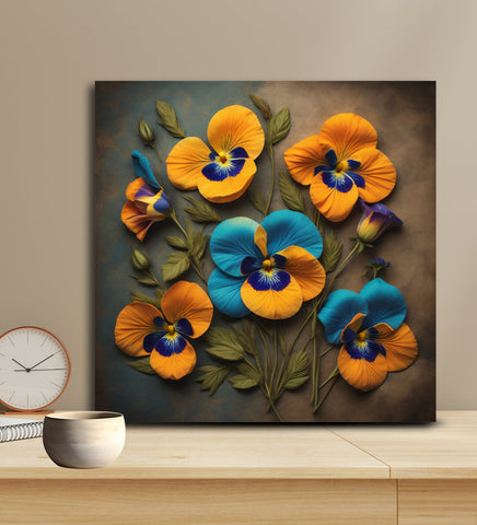 Vibrant Blue and Orange Flowers on a Rustic Background Artwork