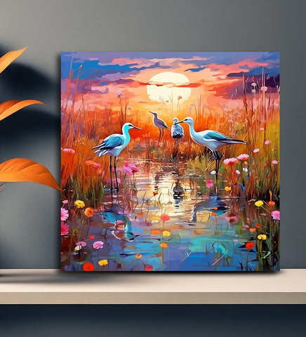 A Tranquil Sunset: Canvas Painting of Birds Resting on a Pond at Dusk