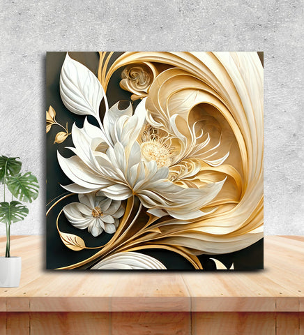 A White Flower with Gold Leaves on a Reflective Surface