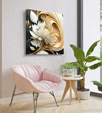 A White Flower with Gold Leaves on a Reflective Surface