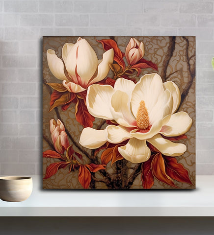 White Flowers and Red Leaves Striking Canvas Painting