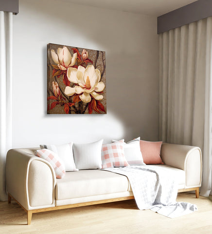 White Flowers and Red Leaves Striking Canvas Painting