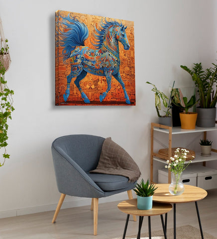 The Ethereal Blue Horse on a Fiery Red Canvas Artwork