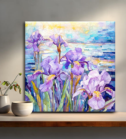 A Play of Light and Shadow: A Realistic Canvas Painting of Purple Irises