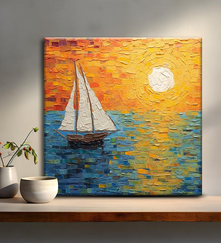 Tranquil Seascape Canvas Painting: Sailboat Sails into a Blaze of Golden Sunset Colors