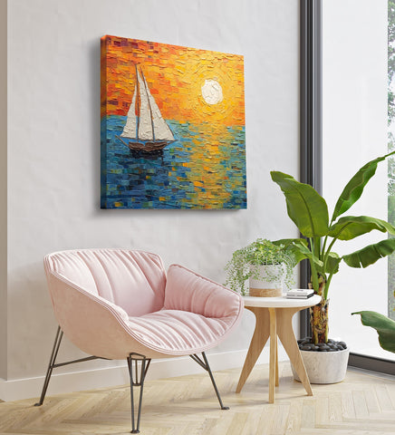 Tranquil Seascape Canvas Painting: Sailboat Sails into a Blaze of Golden Sunset Colors