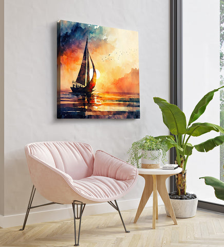 A Serene Seascape Painting of a Sailboat Sailing into the Sunset Artwork