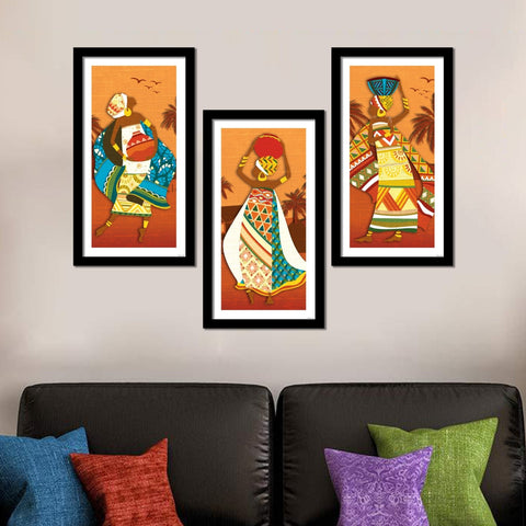 African Women Dancing  Premium Wall Frame Painting set of 3