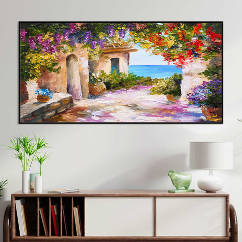 House near the sea colorful flowers wall painting