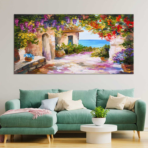 House near the sea colorful flowers wall painting