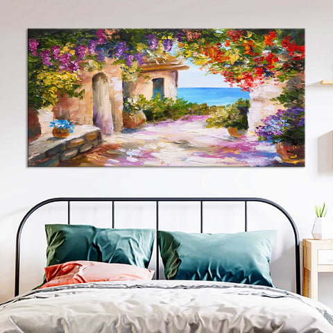 House near the sea colorful flowers wall painting