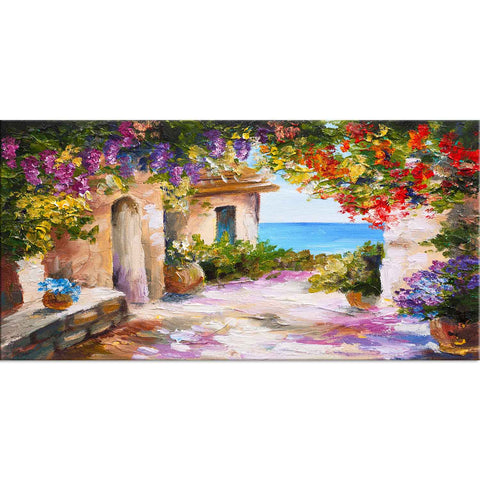 House near the sea colorful flowers wall painting