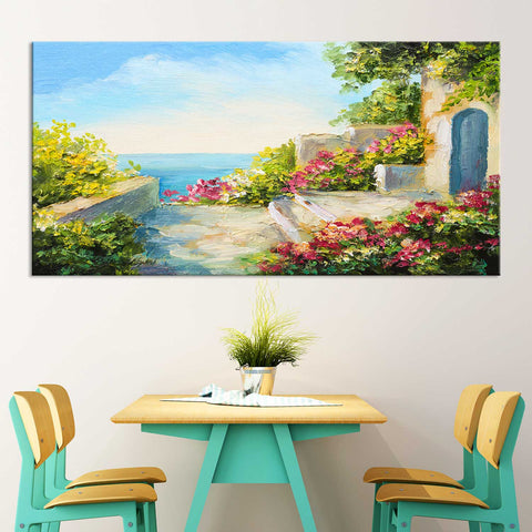 House near the sea colorful flowers wall painting