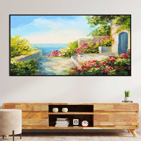 House near the sea colorful flowers wall painting