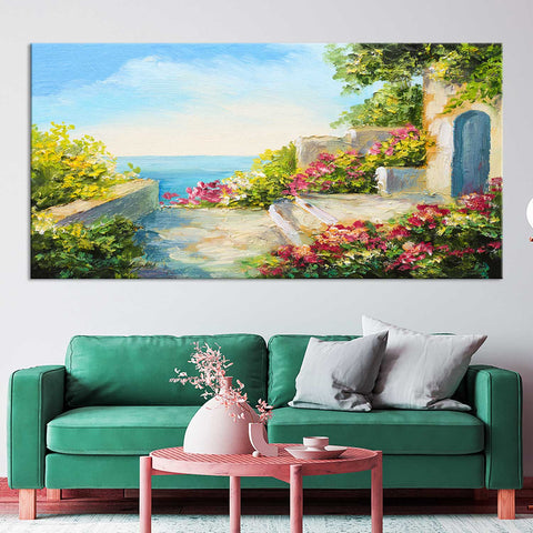 House near the sea colorful flowers wall painting