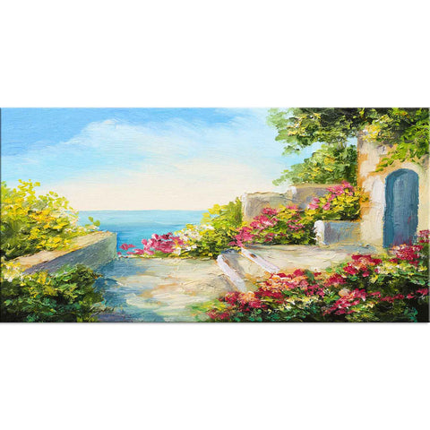 House near the sea colorful flowers wall painting