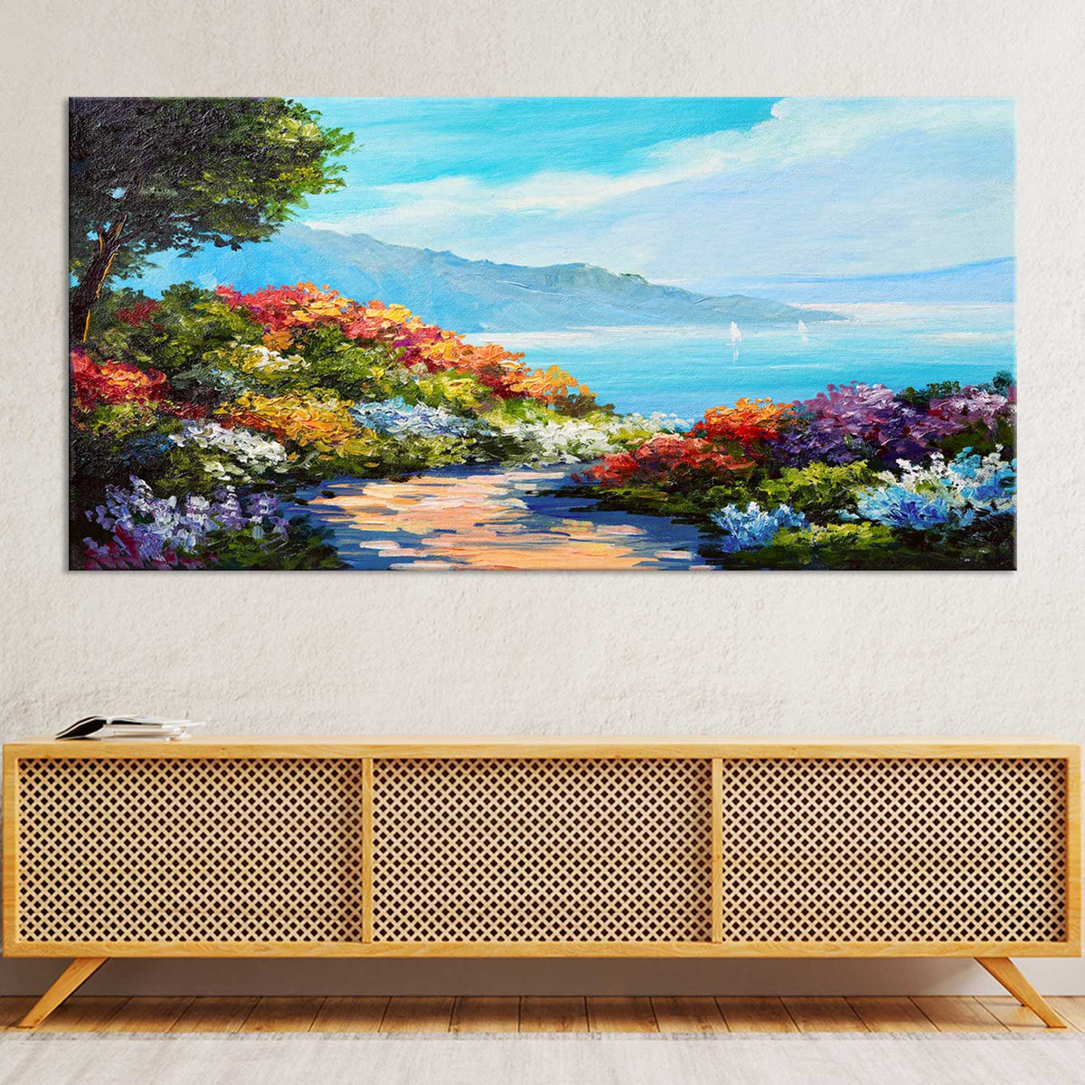 House near the sea coast colorful flowers wall painting