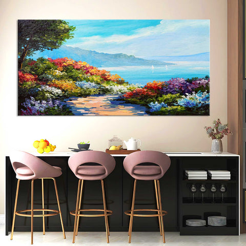 House near the sea coast colorful flowers wall painting