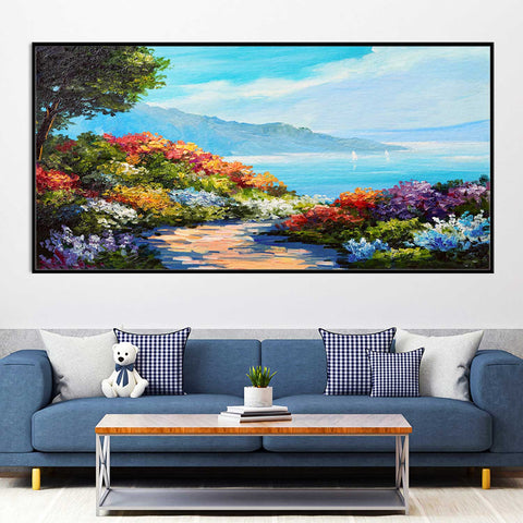 House near the sea coast colorful flowers wall painting