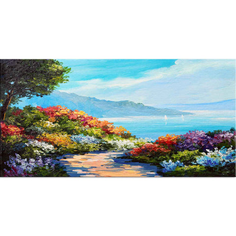 House near the sea coast colorful flowers wall painting