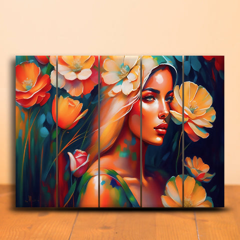 Vivid Portrait of Woman Amidst Blossoming Flowers and Foliage