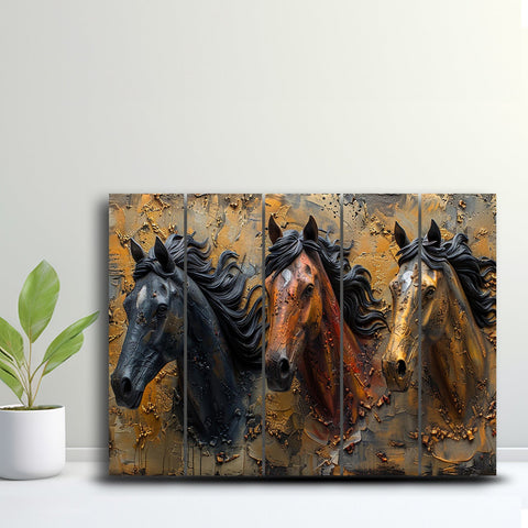 Three Majestic Horses Captured in Dramatic Textured Five-Panel Artwork