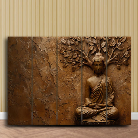 Bronze Buddha Meditating Beneath a Tree on Textured Background