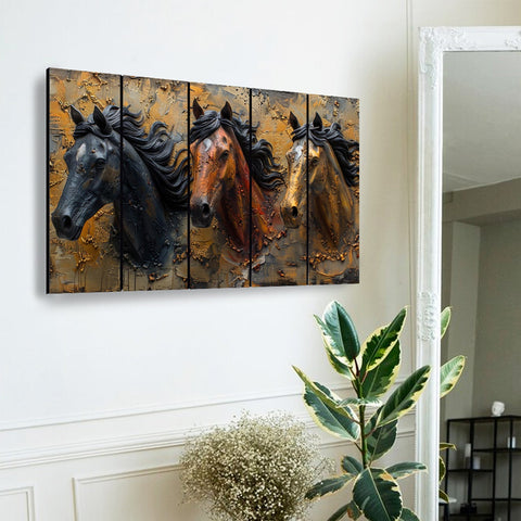 Three Majestic Horses Captured in Dramatic Textured Five-Panel Artwork