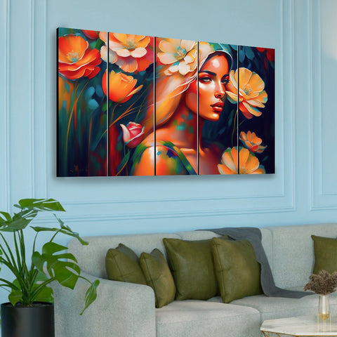 Vivid Portrait of Woman Amidst Blossoming Flowers and Foliage