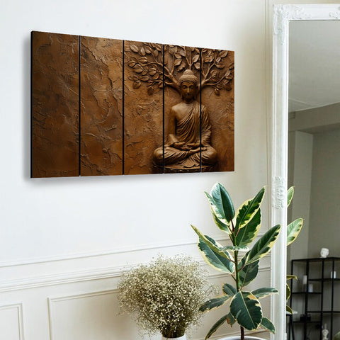 Bronze Buddha Meditating Beneath a Tree on Textured Background