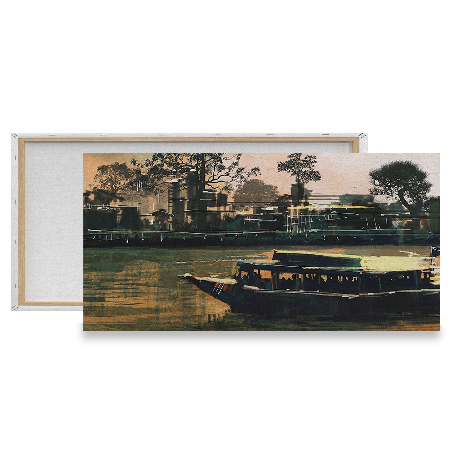 rowboat in a river vintage painting from anciq