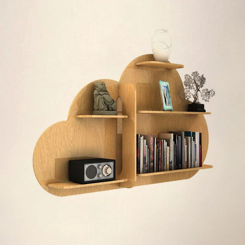 Cloud Shape Backlit Designer Wooden Wall Shelf / Book Shelf / Night Light, Light Oak Finish