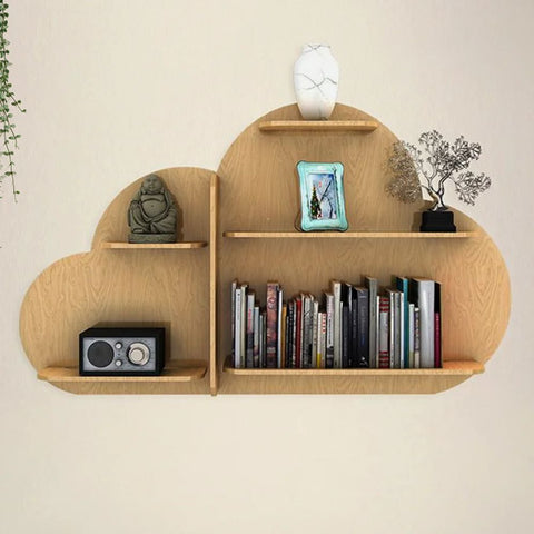 Cloud Shape Backlit Designer Wooden Wall Shelf / Book Shelf / Night Light, Light Oak Finish