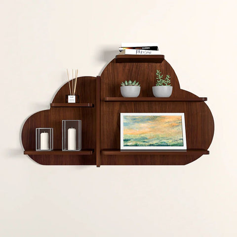 Cloud Shape Backlit Designer Wooden Wall Shelf / Book Shelf / Night Light, Walnut Finish