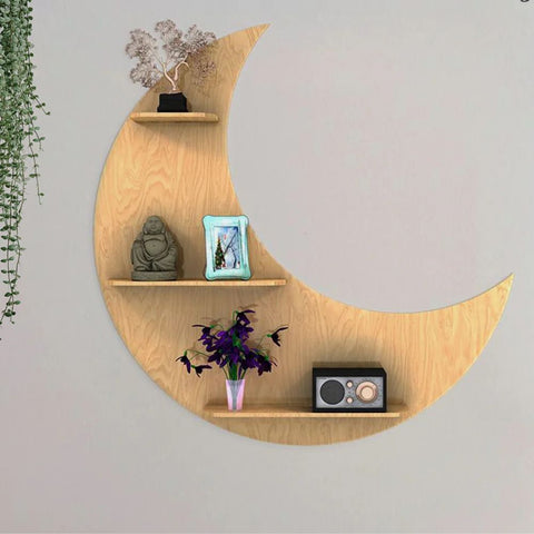 Moon Backlit Designer Wooden Wall Shelf / Book Shelf, Oak Finish