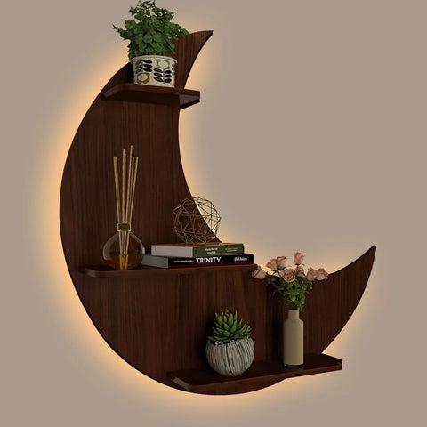 Moon Backlit Designer Wooden Wall Shelf / Book Shelf, Walnut Finish