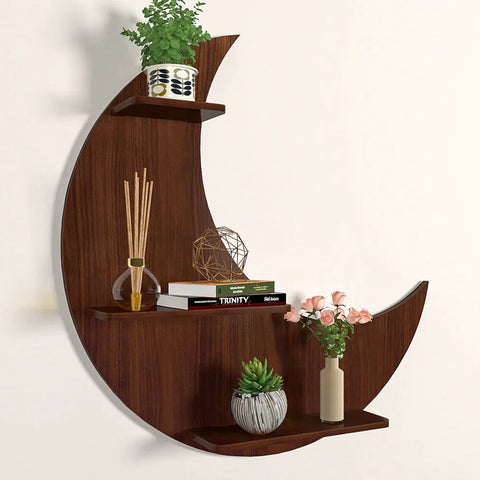 Moon Backlit Designer Wooden Wall Shelf / Book Shelf, Walnut Finish