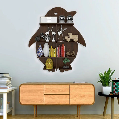 Penguin Backlit Designer Wooden Wall Shelf / Book Shelf / Night Light, Light Oak Finish