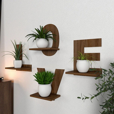 Designer Love Text Alphabet Dark Walnut Planter Shelves Set Of 4