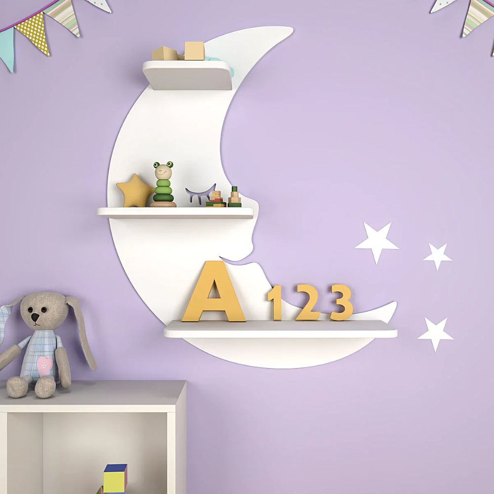 Modern Sparkle Moon Wooden Wall Shelf for Kids