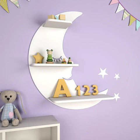 Modern Sparkle Moon Wooden Wall Shelf for Kids